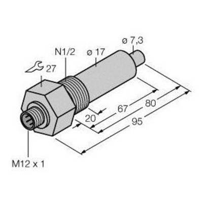 Rysunek techniczny cylindrycznego czujnika z wymiarami: M12 x 1, Ø 17, długość 95 mm. Pokazuje również rozmiar klucza 27.
