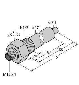 Ilustracja elementu z wymiarami: całkowita długość 115 mm, gwint M12 x 1, średnica 17 mm i 7,3 mm, rozmiar klucza 27.