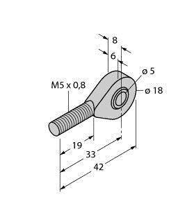 Rysunek techniczny elementu z gwintem M5 x 0,8. Wymiary: długość całkowita 42 mm, długość gwintu 19 mm, średnica otworu 5 mm, szerokość 18 mm.