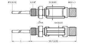Rysunek techniczny cylindrycznej komponenty mechanicznej z gwintem. Przedstawia wymiary w milimetrach i calach.