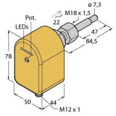 Diagram elektronicznego czujnika z wymiarami: 78 mm wysokości, 88,5 mm długości, 50 mm szerokości. Gwint przyłączeniowy M18 x 1,5 oraz M12 x 1. Widoczne diody LED.