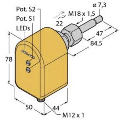 Rysunek techniczny żółtego czujnika o wymiarach 78 x 50 x 44 mm. Gwint śrubowy M12 x 1 oraz M18 x 1,5. Złącza: Pot. S1, S2 oraz diody LED.