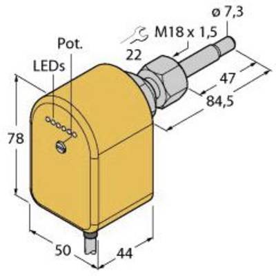 Żółty czujnik o wymiarach w milimetrach: 78 wysokości, 50 głębokości. Oznaczony napisami 'LED', 'Pot.', 'M18 x 1.5', 'Ø 7,3'. Gwint śruby u góry.