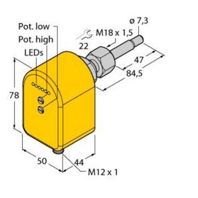 Rysunek techniczny czujnika z wymiarami. Obudowa jest żółta z oznaczeniami 'Pot. low', 'Pot. high', 'LEDs'. Wymiary podane w mm.