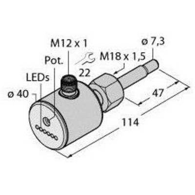 Schemat cylindrycznego elementu z wyświetlaczem LED, potencjometrem i gwintami: M12 x 1 oraz M18 x 1,5; długość: 114 mm.