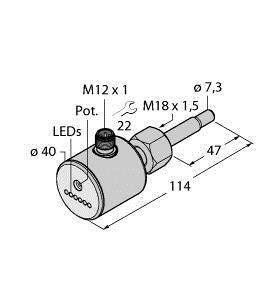 Rysunek techniczny cylindrycznego obiektu z opisami. Wymiary: 114 mm długości, 47 mm sekcji. Oznaczenia dla diod LED, potencjometrów, gwintów M12x1, M18x1,5.
