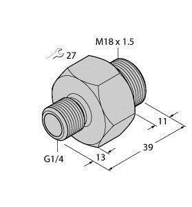 Rysunek adaptera o wymiarach: M18 x 1,5, G1/4. Całkowita długość 39 mm z sześciokątem 27 mm, odcinkami o długości 13 mm i 11 mm.