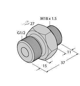 Rysunek techniczny dwustronnego adaptera śrubowego, przedstawiający wymiary: G1/2, M18 x 1,5, długość całkowita 37 mm, rozmiar klucza 27 mm.