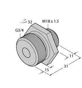 Rysunek techniczny sześciokątnego korka gwintowanego z gwintem 'M18 x 1.5' i 'G3/4', wymiary 15 mm, 31 mm, 11 mm.