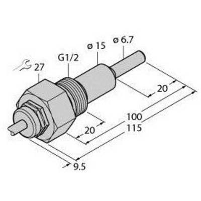 Rysunek techniczny cylindrycznego czujnika z gwintem G1/2, wymiary długości 20, 100, 115 mm, wymiary średnicy 15, 6,7 mm oraz rozstaw klucza 27 mm.