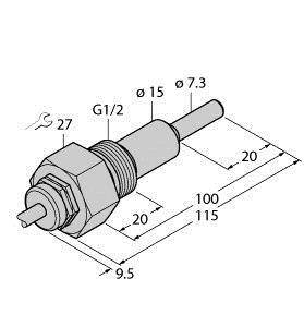 Rysunek techniczny cylindra z gwintem G1/2, długość 115 mm, średnica Ø15 mm, z oznaczeniami wymiarów i rozmiarem klucza 27.