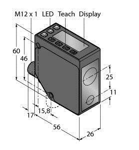 'Rysunek techniczny prostokątnego urządzenia z wymiarami i oznaczeniami: M12 x 1, LED, Teach, Wyświetlacz. Wymiary: 60 x 26 x 56 mm.'