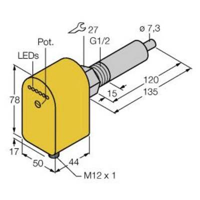 Czujnik w żółnej obudowie, przedstawiający złącza i wymiary: wysokość 78 mm, szerokość 50 mm, złącze M12 x 1, złącza G1/2 i ø 7,3 mm.