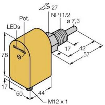 Diagram czujnika z wymiarami. Pokazuje rozmiary przyłączy NPT1/2, M12 x 1 oraz odległość 57 mm. Podświetlone diody LED i potencjometr.