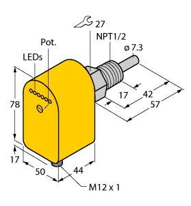 Żółty element elektroniczny z wymiarami; przedstawia diody LED i szczegóły przyłącza: długość 78 mm, szerokość 50 mm, wysokość 17 mm, gwint NPT1/2.