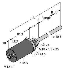 Rysunek techniczny cylindrycznego czujnika z wyświetlaczem LED. Wymiary: długość 81,3 mm, średnica 10,3 mm. Gwint M18 x 1,5.
