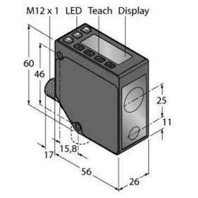 Rysunek techniczny prostokątnego czujnika o wymiarach 60x56x26 mm, opisany napisem 'M12 x 1 Wyświetlacz LED Teach'.