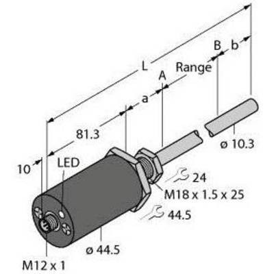 Diagram cylindrycznego czujnika z wyświetlaczem LED. Wymiary: długość 81,3 mm, średnica 44,5 mm, gwint M18 x 1,5 x 25 mm.