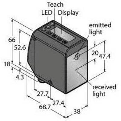 Diagram czujnika z wymiarami w milimetrach. Przedstawia pozycje 'Teach', 'LED', 'Wyświetlacz' oraz emisji/odbioru światła.