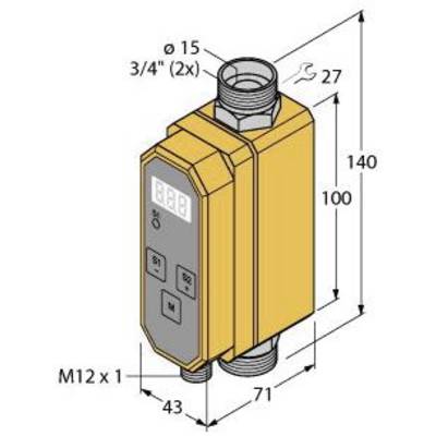 Pokazuje żółte, prostokątne urządzenie z wyświetlaczem wartości pomiarowych i złączami. Wymiary: 140 mm wysokości, 71 mm szerokości, złącza o średnicy 15 mm.