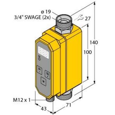 Żółte urządzenie z panelem sterowania i wyświetlaczem, pokazuje wymiary: wysokość 140 mm, szerokość 71 mm, głębokość 43 mm. Złącza na górze: Ø19, 3/4" SWAGE (2x).