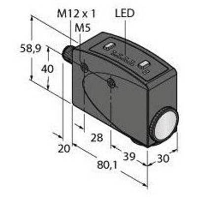 Czujnik z wyświetlaczem LED oraz złączami M12 x 1 i M5. Wymiary: 58,9 mm wysokości, 80,1 mm długości, 30 mm szerokości.