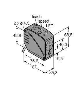 Rysunek techniczny czujnika o wymiarach: szerokość 87 mm, wysokość 68,5 mm, głębokość 35,3 mm. Oznaczenia: 'teach', 'speed', LED.