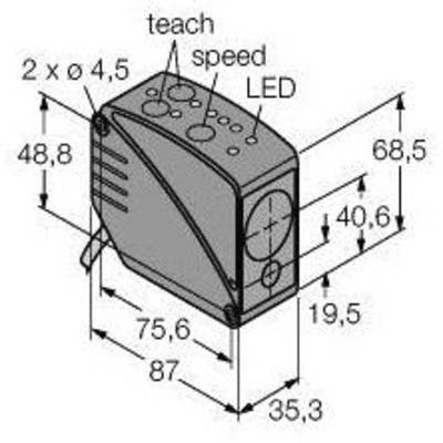 Rysunek techniczny czujnika z wymiarami: 87 mm długości, 68,5 mm wysokości, 35,3 mm głębokości. Oznaczenia dla Teach, Speed, LED.