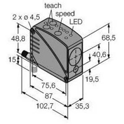 Rysunek techniczny czujnika o wymiarach: wysokość 68,5 mm, szerokość 35,3 mm, długość 102,7 mm. Przyciski 'teach' i 'speed'.