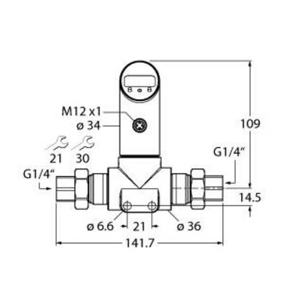 Rysunek techniczny licznika z wymiarami przyłączeniowymi, gwintami G1/4" i M12 oraz powierzchniami do klucza o szerokości 21 mm i 30 mm.