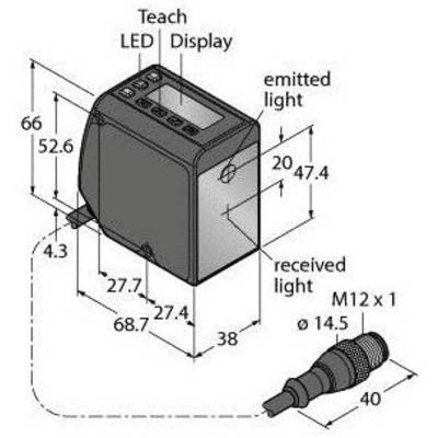 Rysunek techniczny czujnika z wymiarami, przyłączami i torem świetlnym. Wymiary: 66x52,6 mm, średnica wtyczki: 14,5 mm. Złącze: M12 x 1.