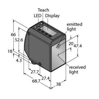 Trójwymiarowy diagram czujnika optycznego z wymiarami: 66x68,7x27,4 mm. Przedstawia pozycje wyświetlacza, diody LED, emisji i odbioru światła.