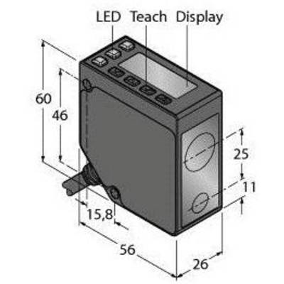 Schemat prostokątnego urządzenia elektronicznego o wymiarach: wysokość 60 mm, szerokość 26 mm, głębokość 56 mm. Opisy: LED, Teach, Wyświetlacz.