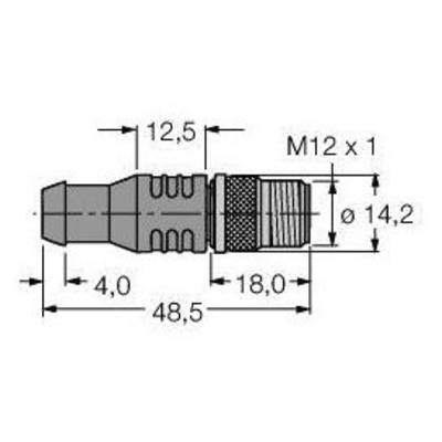 Rysunek techniczny złącza wtykowego. Wymiary: długość 48,5 mm, średnica 14,2 mm. Gwint: M12 x 1.