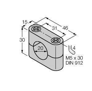 Rysunek techniczny prostokątnego elementu z centralnym otworem. Wymiary: 46x30x15 mm; średnica otworu 20 mm. Śruba M5 x 30, DIN 912.