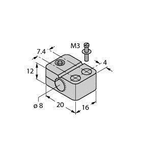 Rysunek techniczny bloku metalowego z otworami, wzorem śrub M3 oraz wymiarami: 12x20x16 mm; średnica otworu Ø8 mm.
