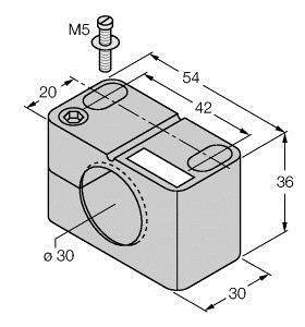 Rysunek techniczny bloku metalowego z otworem i śrubą. Wymiary: 54 mm długości, 36 mm wysokości, 30 mm szerokości. Otwór Ø30 mm. Śruba M5.