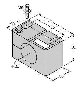 Rysunek techniczny bloku metalowego o kształcie kwadratu z centralnym otworem (Ø30). Wymiary: 54x30x36 mm. Mocowanie śrubowe M5 od góry.