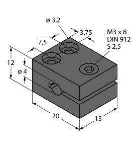 Rysunek techniczny sześcianu o wymiarach: 20 x 15 x 12 mm. Otwory: średnica 3,2 mm i 4 mm. Śruby: M3 x 8 DIN 912.
