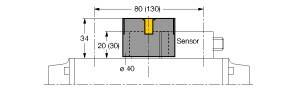 Diagram czujnika z wymiarami: szerokość 60 mm, wysokość 34 mm, wysokość czujnika 20 mm. Centralne oznaczenie wskazuje 40 mm szerokości.