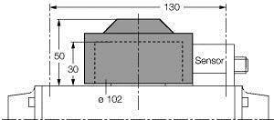 Rysunek techniczny czujnika z wymiarami: szerokość 130 mm, wysokość 50 mm, średnica czujnika 102 mm.