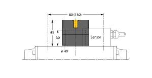 Diagram systemu czujnikowego z wymiarami: 80 (130) szerokość, 45 wysokość, 30 głębokość. Czujnik znajduje się po prawej stronie, umieszczony na bazie o szerokości 60.