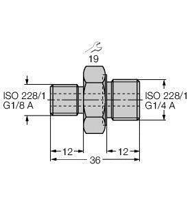Rysunek techniczny złączki z gwintem wewnętrznym: ISO 228/1 G1/8 A lewy, ISO 228/1 G1/4 A prawy. Długość całkowita 36 mm.