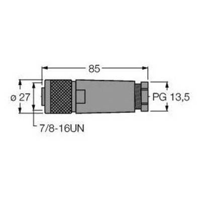 Rysunek techniczny cylindrycznego adaptera z gwintem. Wymiary: długość 85 mm, średnica 27 mm, gwint '7/8-16UN', złącze PG 13,5.