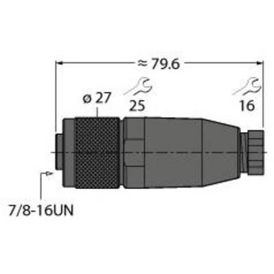 Rysunek techniczny wtyczki z wymiarami: długość ok. 79,6 mm, średnica 27 mm. Gwint 7/8-16UN, rozmiary narzędzi 25 i 16 mm.