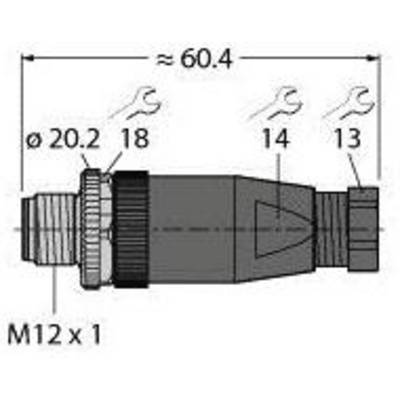 Widok z boku złącza z wymiarami: długość ok. 60,4 mm, średnica 20,2 mm. Rozmiary kluczy: 18, 14, 13 mm.