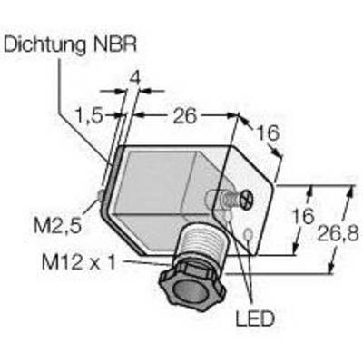 Rysunek techniczny obudowy czujnika z gwintami M2,5 i M12 x 1, wskaźnikiem LED oraz uszczelką NBR. Wymiary: 1,5 x 4 x 26 mm.