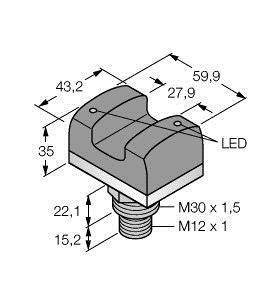 Rysunek techniczny elementu z diodą LED, wymiary w milimetrach (43,2; 59,9; 27,9; 35), gwint M30 x 1,5 oraz M12 x 1.