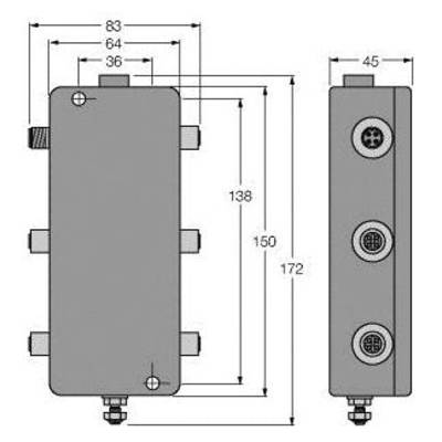 Diagram prostokątnego elementu ze szczegółowymi wymiarami w milimetrach. Widok z przodu przedstawia wysokość 138 mm, widok z boku pokazuje szerokość 45 mm. Widocznych jest kilka przyłączy.