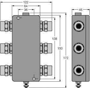 Rysunek techniczny rozdzielacza z wymiarami. Szerokość: 122 mm, wysokość: 172 mm. Widoczne złącza po bokach.